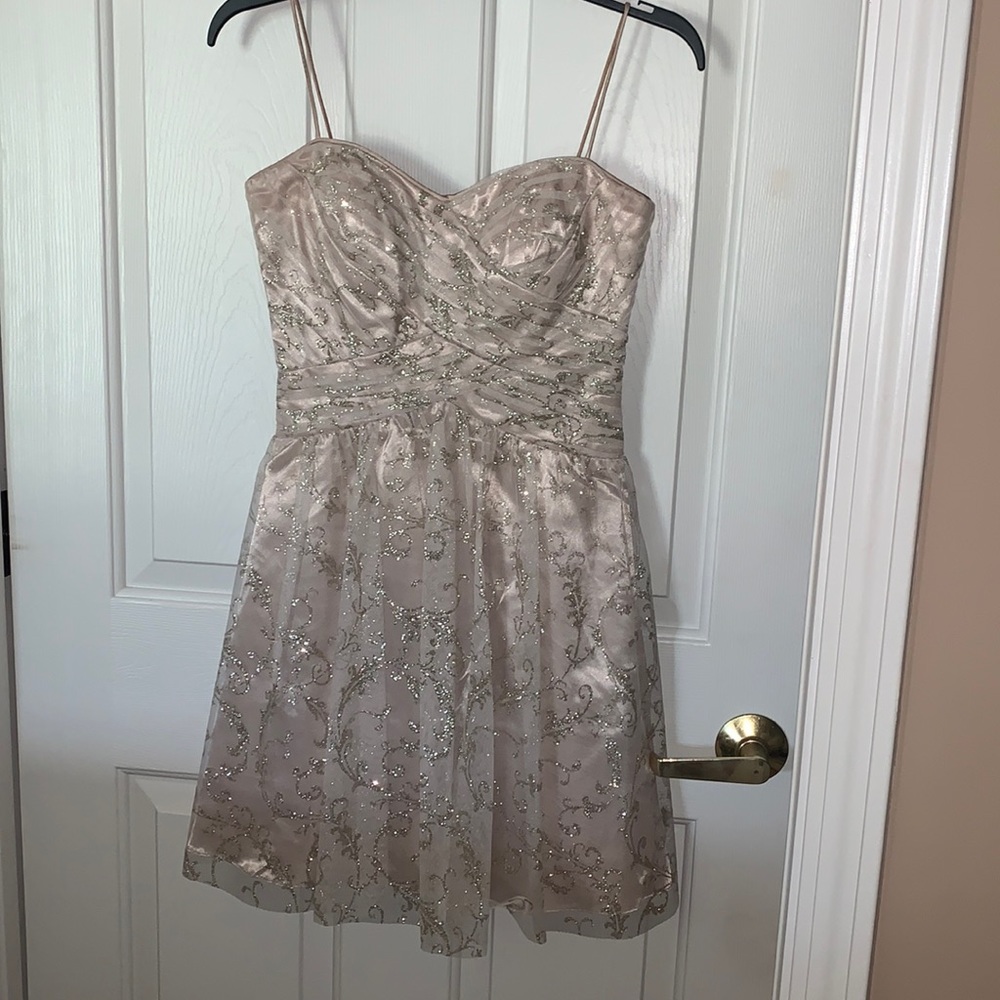 Champagne Cocktail Dress with Gold Detail, Sweetheart Neckline Spaghetti Straps